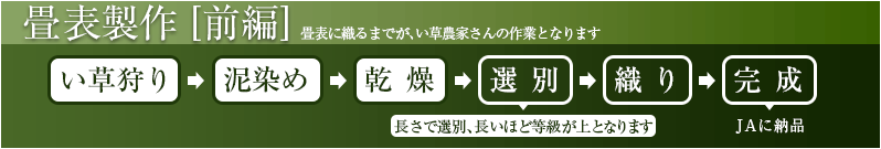 畳表製作（畳表に織るまでが、い草農家さんの作業となります）い草刈り→泥染め→乾燥→選別（長さで選別、長いほど等級が上となります）→織り→完成（JAへ納品）